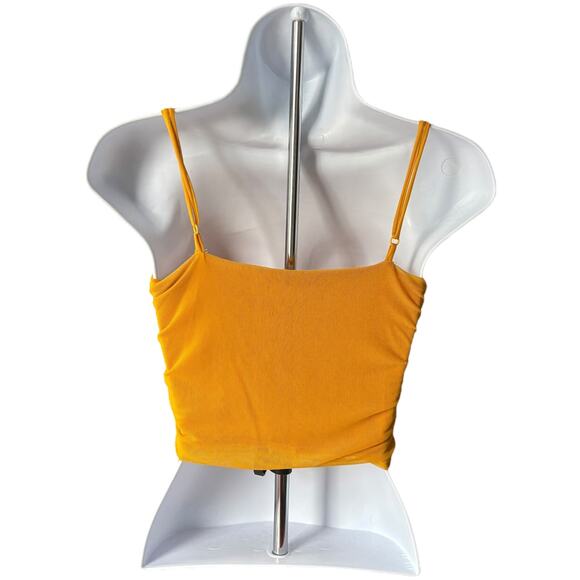 Heart & Hips ruched mesh cami crop top mustard yellow adjustable straps S Y2K - Picture 2 of 5